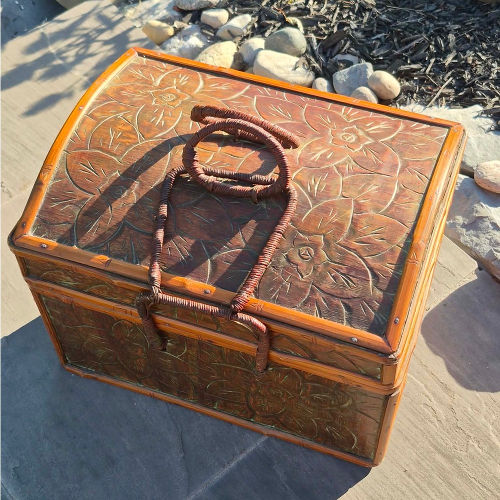Vintage Carved Wooden Floral Chest Box with Rattan Handles